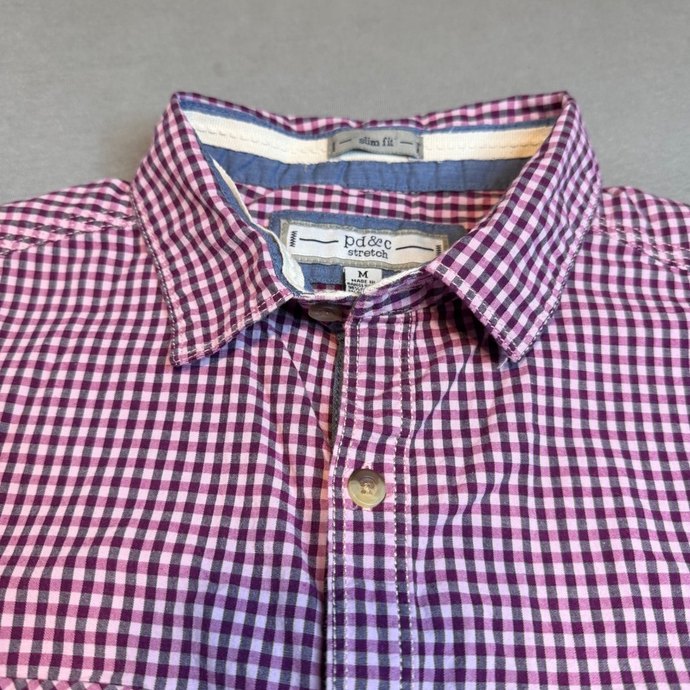 PD&C Stretch Mens Slim Fit Short Sleeve Gingham Button Down Shirt Purple Pink M